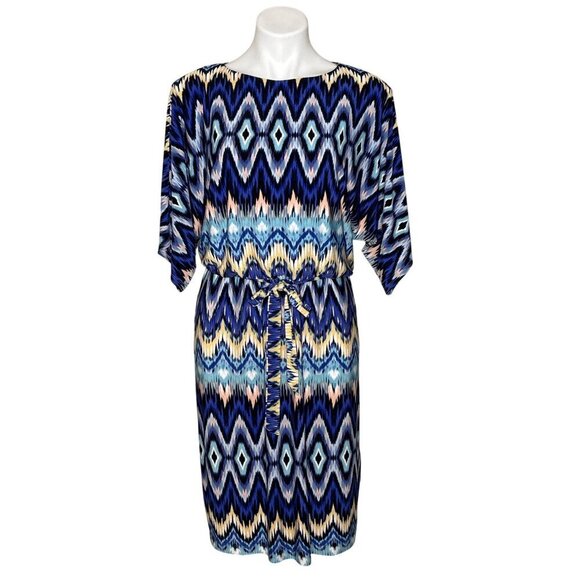 Chico's Nouveau Ikat Dress, Blue Multicolor Slit Sleeves Women's Size 1 (M) - Picture 3 of 13